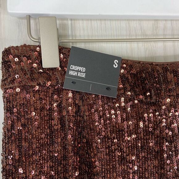 Express Women's Brown High Waisted Sequin Pleated Cropped Trouser Pants Small - Picture 4 of 9